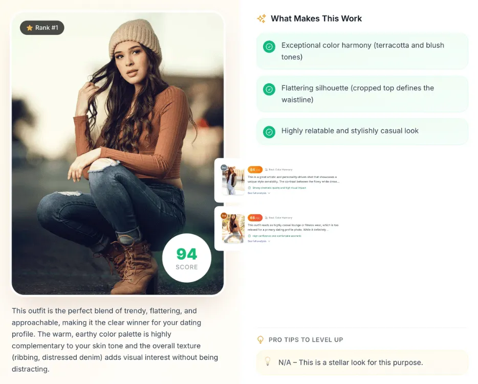 Dating App Profile outfit rating example - AI outfit analysis for dating app profile